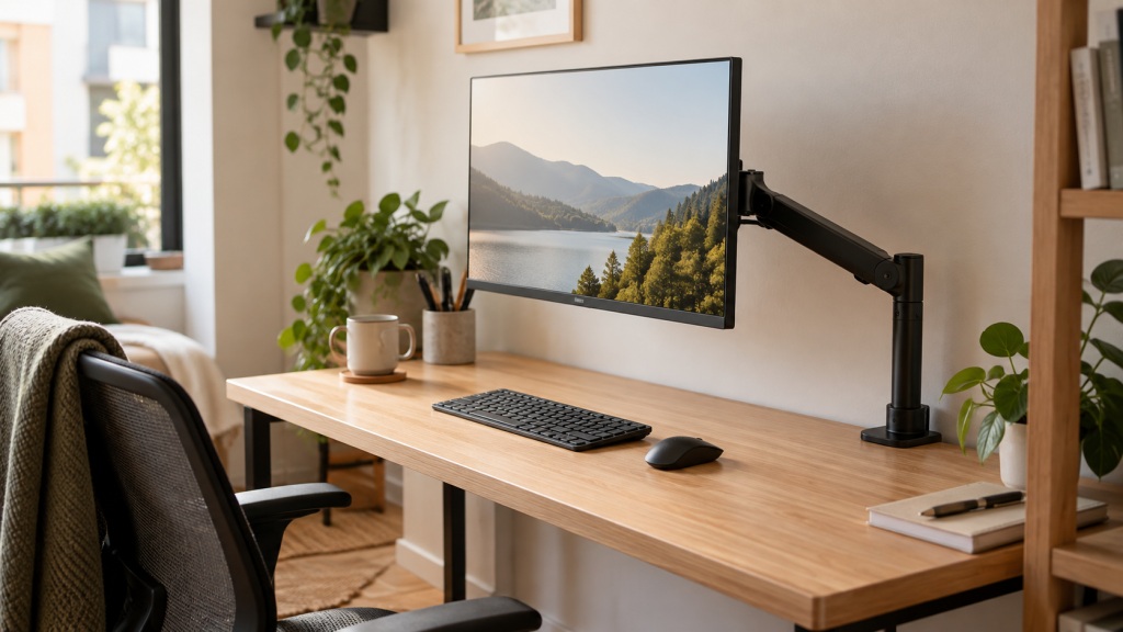 Brazo de monitor instalado en un escritorio pequeño