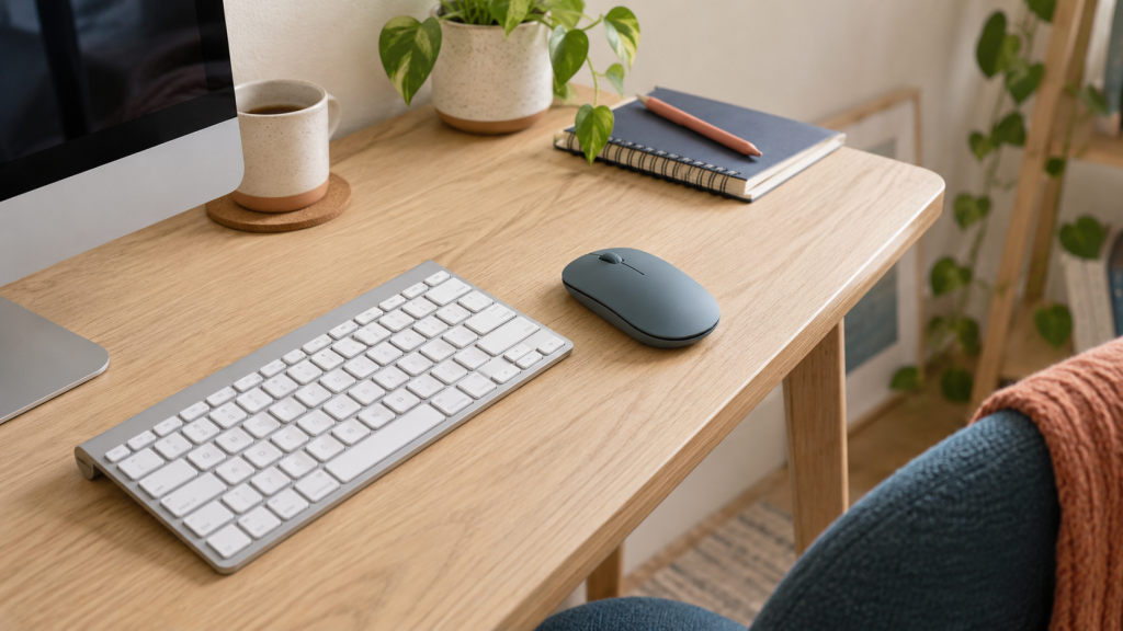 Ratón silencioso compacto colocado junto al teclado en un escritorio pequeño